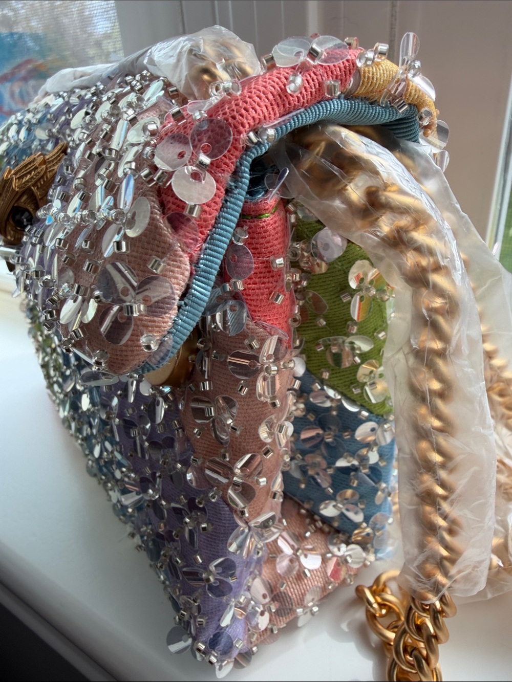 Kurt Geiger Kensington Denim Sequin Bead Rainbow Convertible Crossbody - Picture 8 of 8